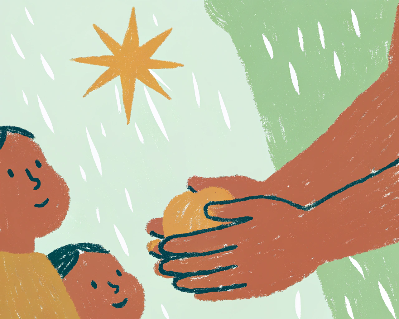 AI generated image by Red Panda AI: A watercolor-style painting depicting adult hands offering food, such as bread or fruit, to the small hands of children in a gesture of generosity and love. The children appear humble yet hopeful, their faces softly lit by a warm golden glow. In the background, the Star of Bethlehem shines brightly in a serene night sky, its light blending into soft, flowing brushstrokes of deep blue and gold. The scene is simple and modest, with muted earthy tones and gentle gradients, evoking a sense of compassion and the spiritual essence of Christmas. The watercolor texture emphasizes warmth, humanity, and hope.