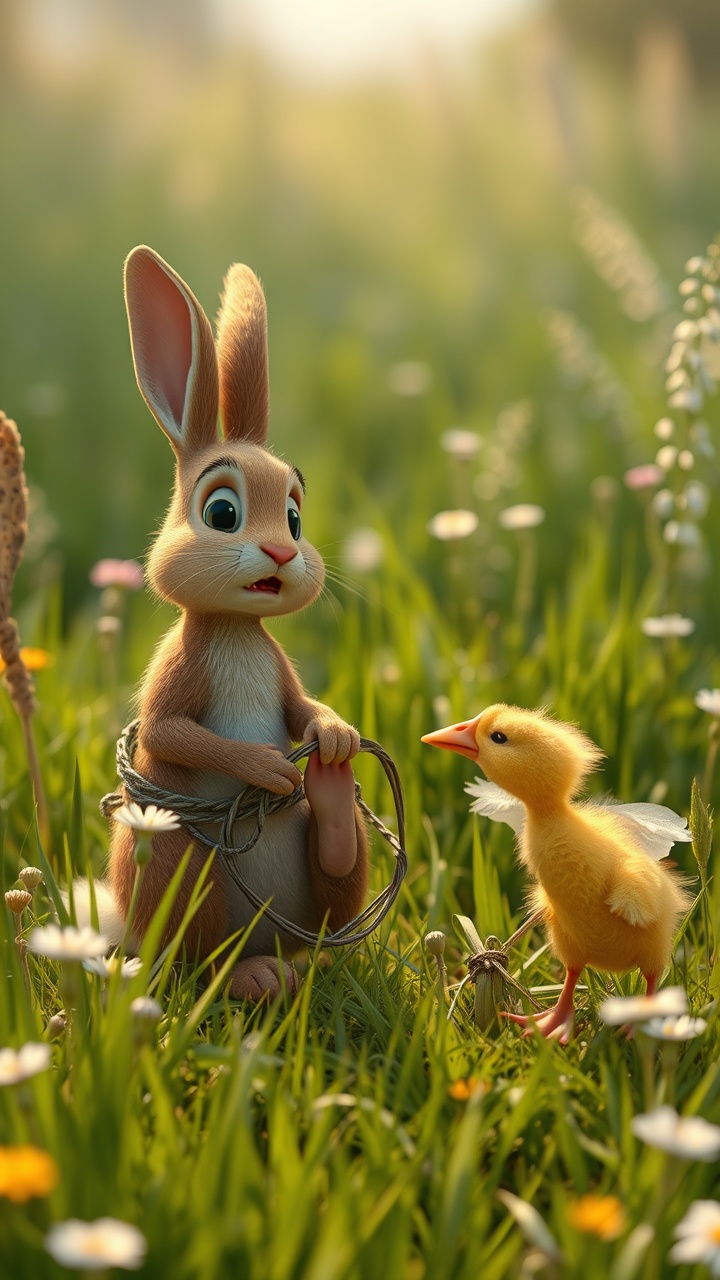 AI generated image by FLUX.1-schnell: A dramatic 3D Pixar-style scene of a distressed brown rabbit trapped in a small hunter’s snare in a grassy meadow. The rabbit's leg is caught, and it looks panicked, struggling to free itself. Suddenly, a determined yellow duckling stands nearby, flapping its wings. The duckling is pecking at the trap, trying to help its friend. The meadow is lush with tall grass and wildflowers, and soft sunlight filters through, creating a mix of tension and hope. The scene conveys deep emotions of fear, determination, and friendship as the duckling helps the rabbit escape