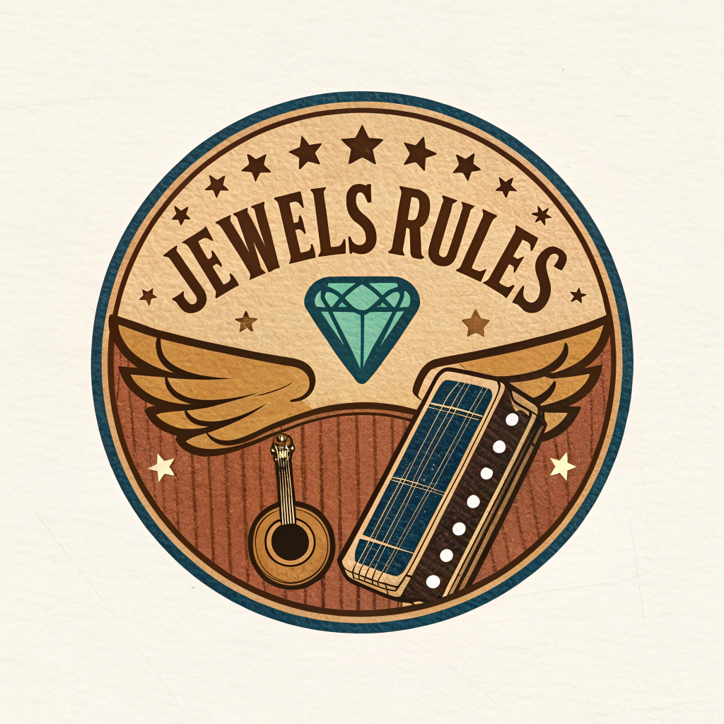 AI generated image by Red Panda AI: Band logo for the band, "Jewels Rules".  Americana, blues, authentic, wood and leather.