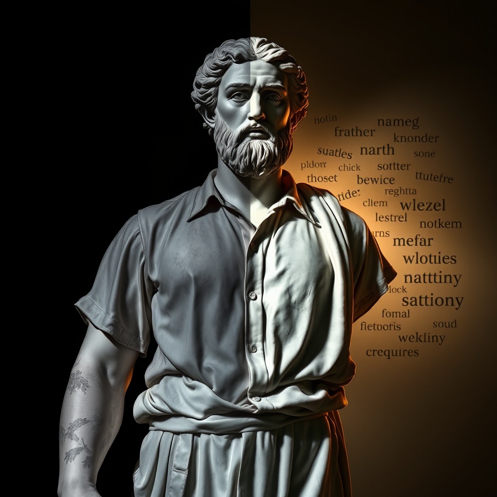 AI generated image by FLUX.1-schnell: A majestic marble sculpture in shades of grey and white, with classical features inspired by Greek art, dressed in a shirt and formal pants. Half of its body is covered in a dark shadow, while the other half is illuminated by a warm light. In the shadowed area, blurry and unclear words float around. In the illuminated side, clear words emerge from its mouth, as if taking form in the air. The image represents the power of naming emotions and bringing them from the shadows into the light. The lighting is symbolic, with a strong contrast between darkness and clarity