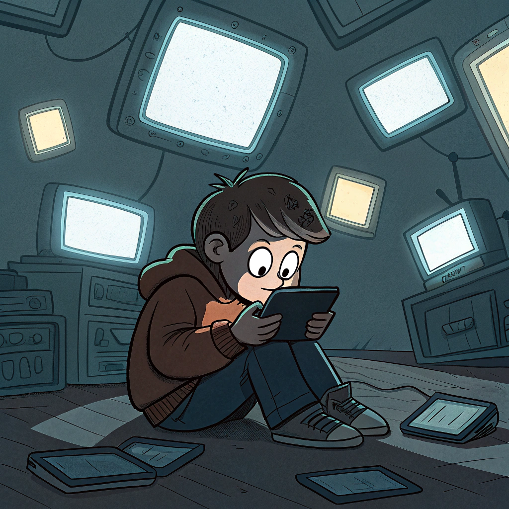 AI generated image by Red Panda AI: un dibujo animado que este encontra o represente la adiccion a las pantallas
