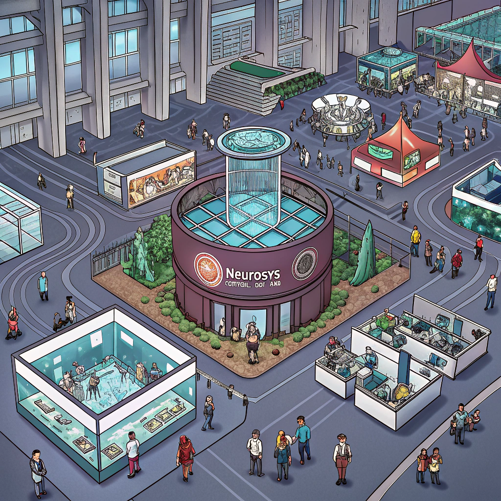 AI generated image by Recraft V3: A top-down 2D map for a tabletop RPG set in 2087 at a grand international science fair. The environment is futuristic and expansive, held in a massive convention center. The space is filled with large, futuristic exhibition booths. The NeuroSys booth stands out in the center, featuring a glass cage with experimental rats, and a prominent banner with 'NeuroSys' and the slogan 'Control Over Mind.' Surrounding booths display technologies like robotics, AI, holography, bioengineering, and sustainable energy. The map should emphasize the large, open, and futuristic atmosphere, similar to traditional tabletop RPG maps, with a clear top-down view and detailed booth designs, without any characters present.