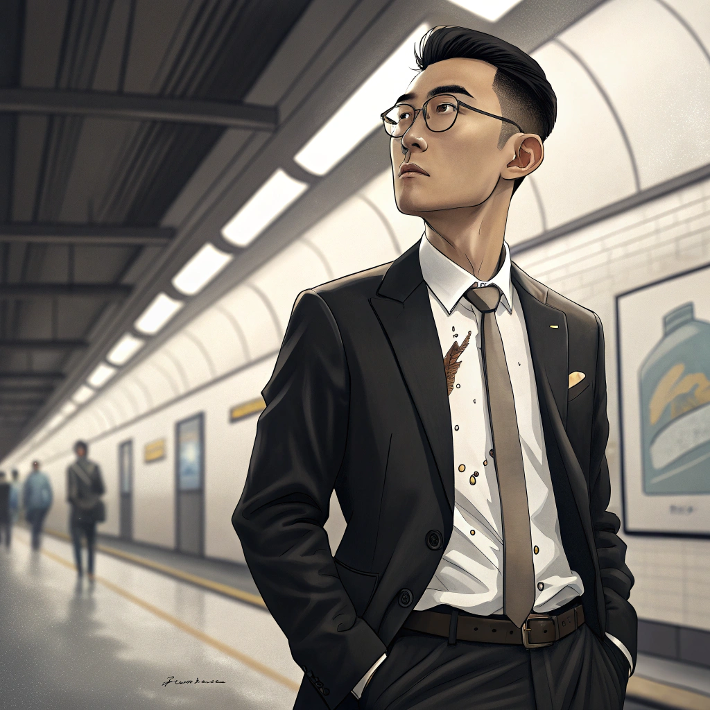 AI generated image by Red Panda AI: mysterious beauty，high and cold , elegant , handsome， Asian man in black suit,Thirty-seven short hair, gold-rimmed glasses, white shirt, tie, Put your hands in your pockets,A large coffee stain on his chest，Frontal display, Look into the camera, In the background is a clean and bright subway station, Animation style, high detail,8K resolution,