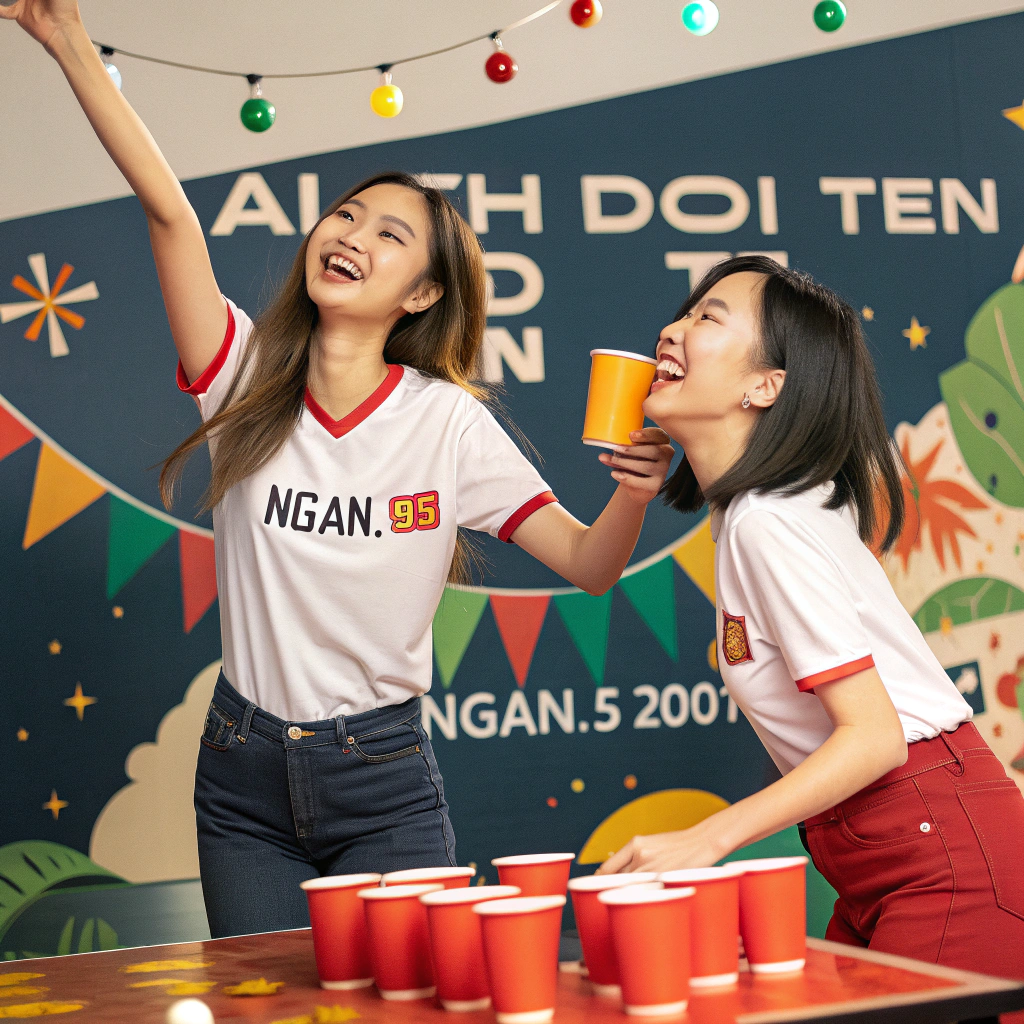AI generated image by Red Panda AI: Poster hình ảnh 2 cô gái xinh đẹp (1 tóc dài, 1 tóc ngắn) đại chiến trên bàn beer với banner "Ai thua đổi tên" trong đó trên vai áo có in chữ Ngân.95 và Ngân.2001