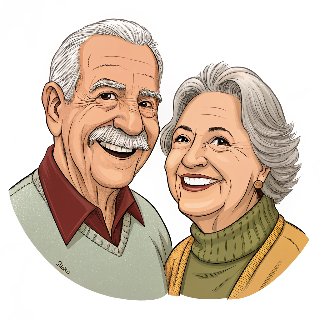 AI generated image by Red Panda AI: caricatura de un anciano con bigote y una anciana, deben estar mirando al frente y sonrientes