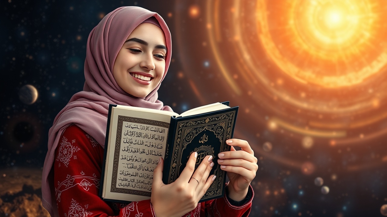 AI generated image by FLUX.1-schnell: a beautiful woman wearing a hijab smiles while hugging the Koran against the background of the Islamic version of the solar system