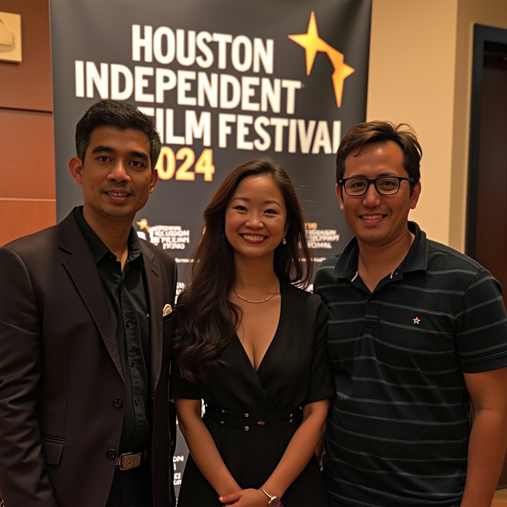 AI generated image by FLUX.1-pro: A group photo at the Houston Independent Film Festival 2024, featuring two to three individuals standing in front of a backdrop displaying the festival’s logo. The setting is inside a cinema, either in the hallway or lobby area, creating an intimate, indoor atmosphere. The participants are dressed in smart-casual attire, standing naturally with relaxed hand placement, ensuring no awkward or distorted fingers. Their expressions are calm and smiling, with clear, undistorted eyes. The skin of the individuals appears natural and realistic, with visible pores, subtle variations in tone, and soft lighting that enhances depth without over-smoothing. The lighting is warm and natural, contributing to a candid and authentic feel. The backdrop prominently features the Houston Independent Film Festival 2024 logo, reinforcing the professional yet welcoming atmosphere of the festival.