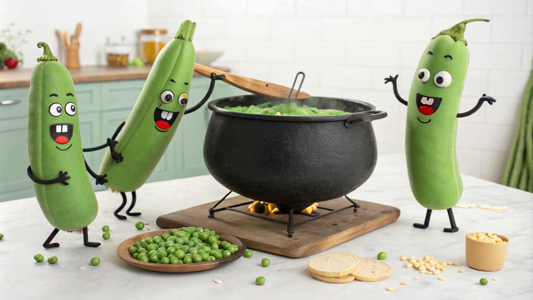 AI generated image by Red Panda AI: create a 16_9 format scene where the green bean characters are joyfully partaking around a very big cauldron .png