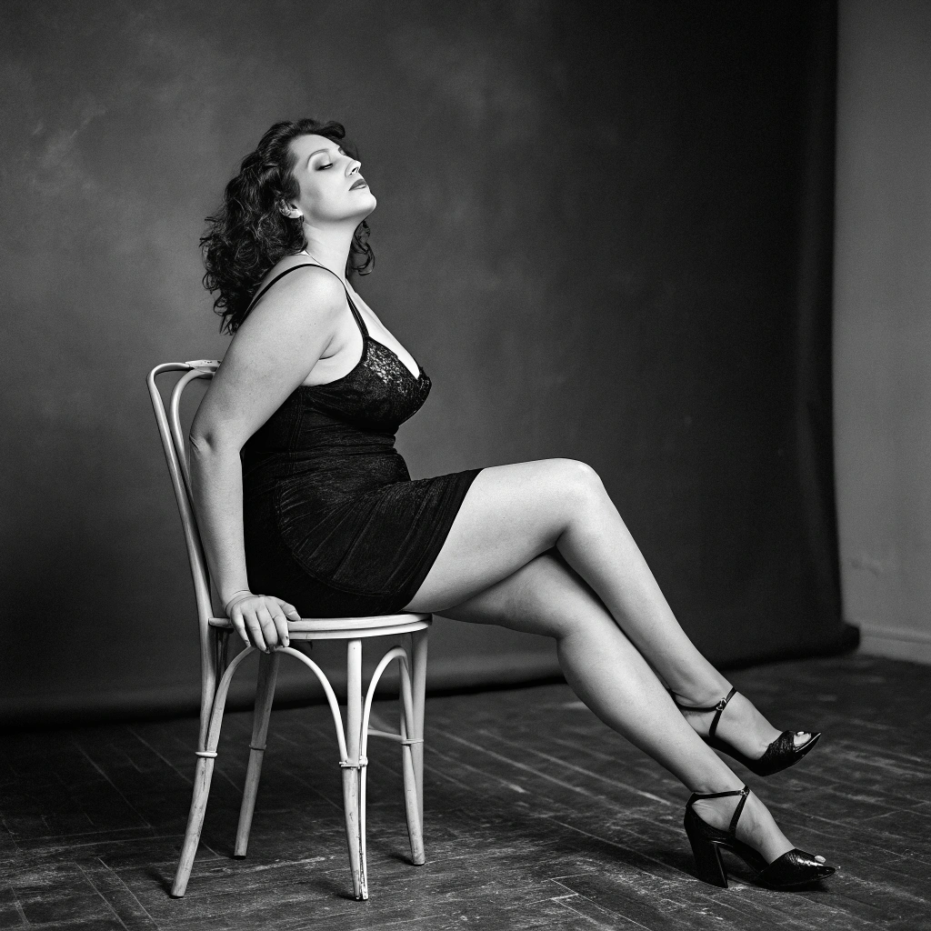 AI generated image by Recraft V3: superdetailed black and white full body photo of a beautiful woman, not skinny, sitting upright, legs straight, frontal on a simple Thonet chair, in skin, in front of a dark gray studio background | shot with Leica M2 with Leica APO-Summicron-M 50mm f/2, expired Ilford Film, shallow Dof | in the style man, noth of Irving Penn, Thomas Hauser, Nadav Kander, seventies, self confident, emotional, Celebrity shot, Fashion shot, Vogue, Prada, new american documentary photography