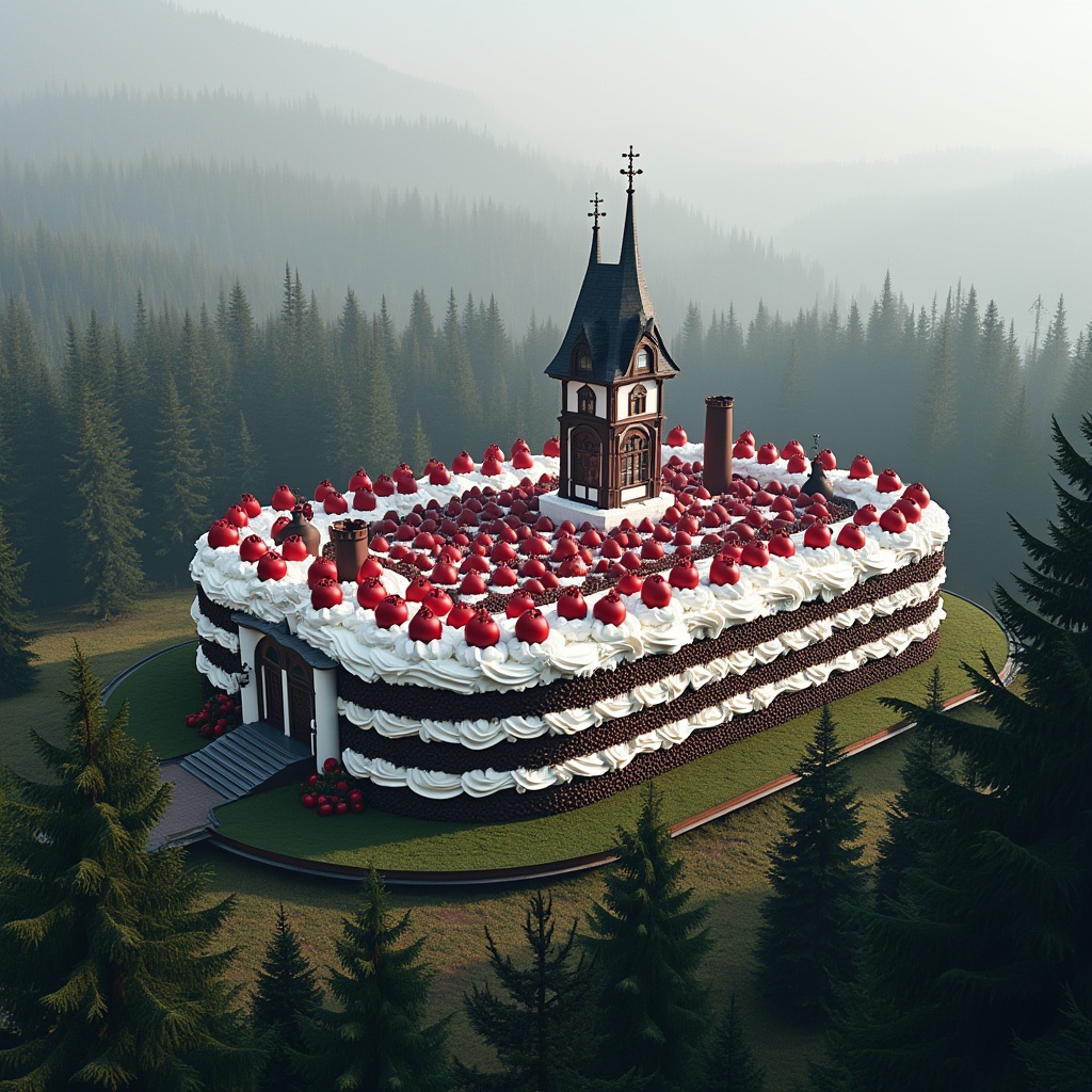 AI generated image by FLUX.1-pro: The world's largest black forest cake, the size of a building, surrounded by trees of the black forest