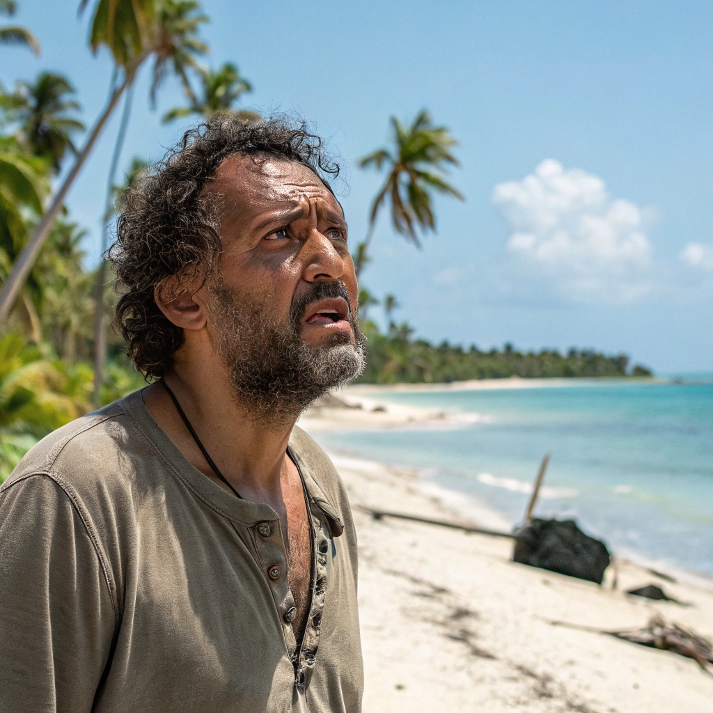 AI generated image by Red Panda AI: montoya desesperado en la isla te las tentaciones