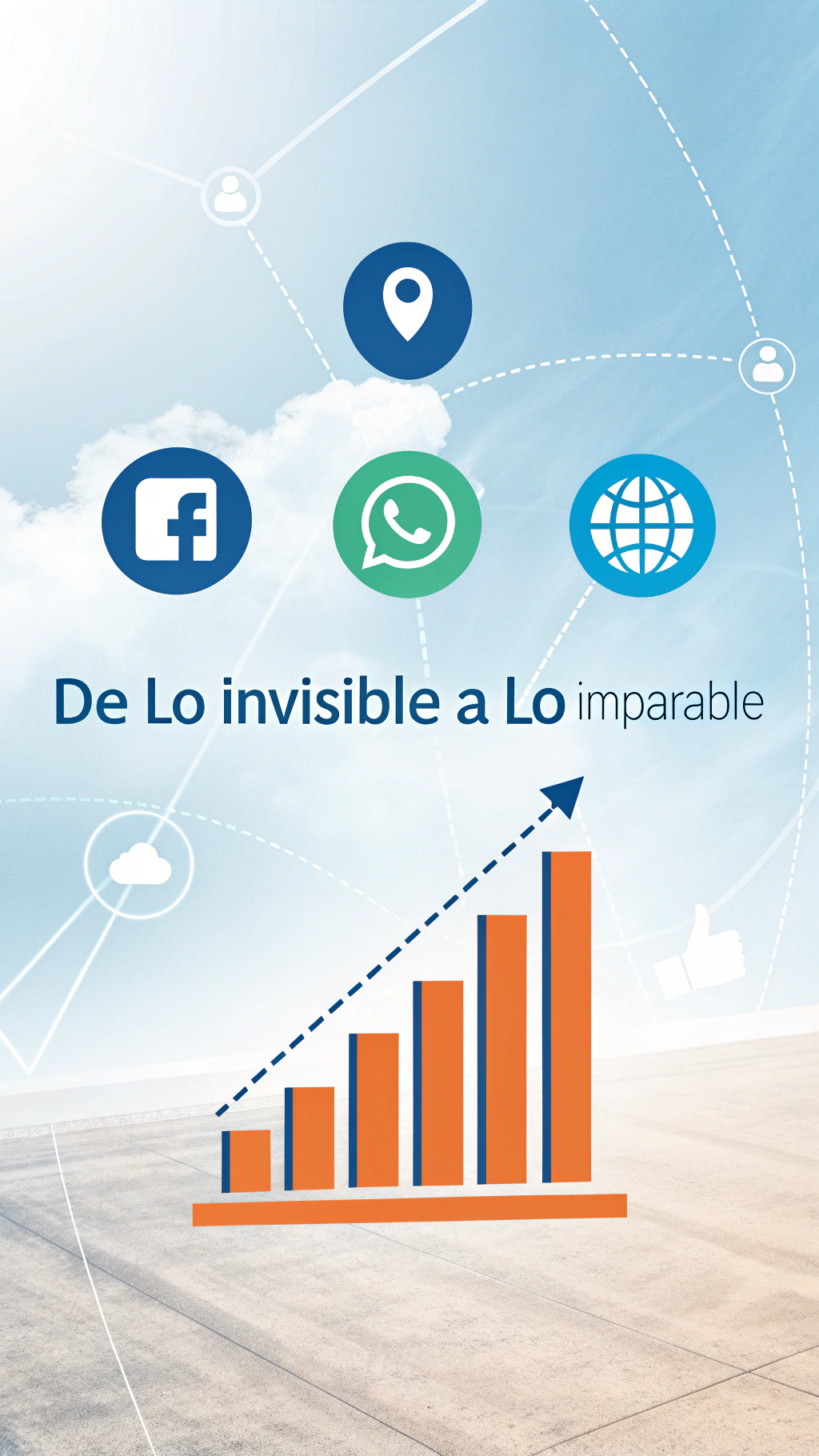 AI generated image by Red Panda AI: Fondo: Degradado profesional (azul corporativo y naranja energético).

Elementos: Un gráfico de barras en ascenso (como métricas de SEO), un teléfono móvil mostran**"Crea una imagen minimalista y moderna que represente el crecimiento digital de una PYME. Muestra:

Un gráfico de barras ascendente (estilo Google Analytics) fusionado con íconos de redes sociales (Instagram, Facebook) y un símbolo de WordPress/WooCommerce.

Fondo claro (azul claro o blanco con degradado suave), tonos corporativos (azul, verde empresarial, naranja para llamar acción).

Texto superpuesto: 'De lo invisible a lo imparable' en tipografía bold sans-serif.

Estilo: Flat design con sombras sutiles, sin elementos recargados."**do una página web optimizada, y un pequeño globo terráqueo con iconos de redes sociales.

