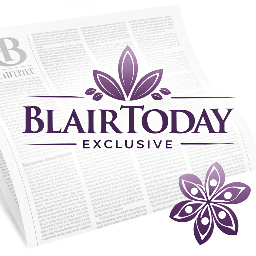 AI generated image by Red Panda AI: "BlairToday EXCLUSIVE" logo for a newspaper.  On White Background.  Clear, strong font.  Purple motif
