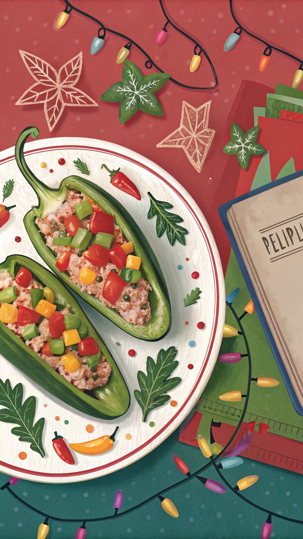 AI generated image by Red Panda AI: Create an illustration of jalapeño peppers stuffed with a vibrant tuna mixture, presented on a festive plate. Show the chiles cut open to reveal the colorful filling of diced tomato, onion, celery, and spices. Add Christmas-inspired decorations, such as holly leaves, a red-and-green tablecloth, or fairy lights in the background. Use bold, flat colors and a modern recipe book style, with space for text next to the image
