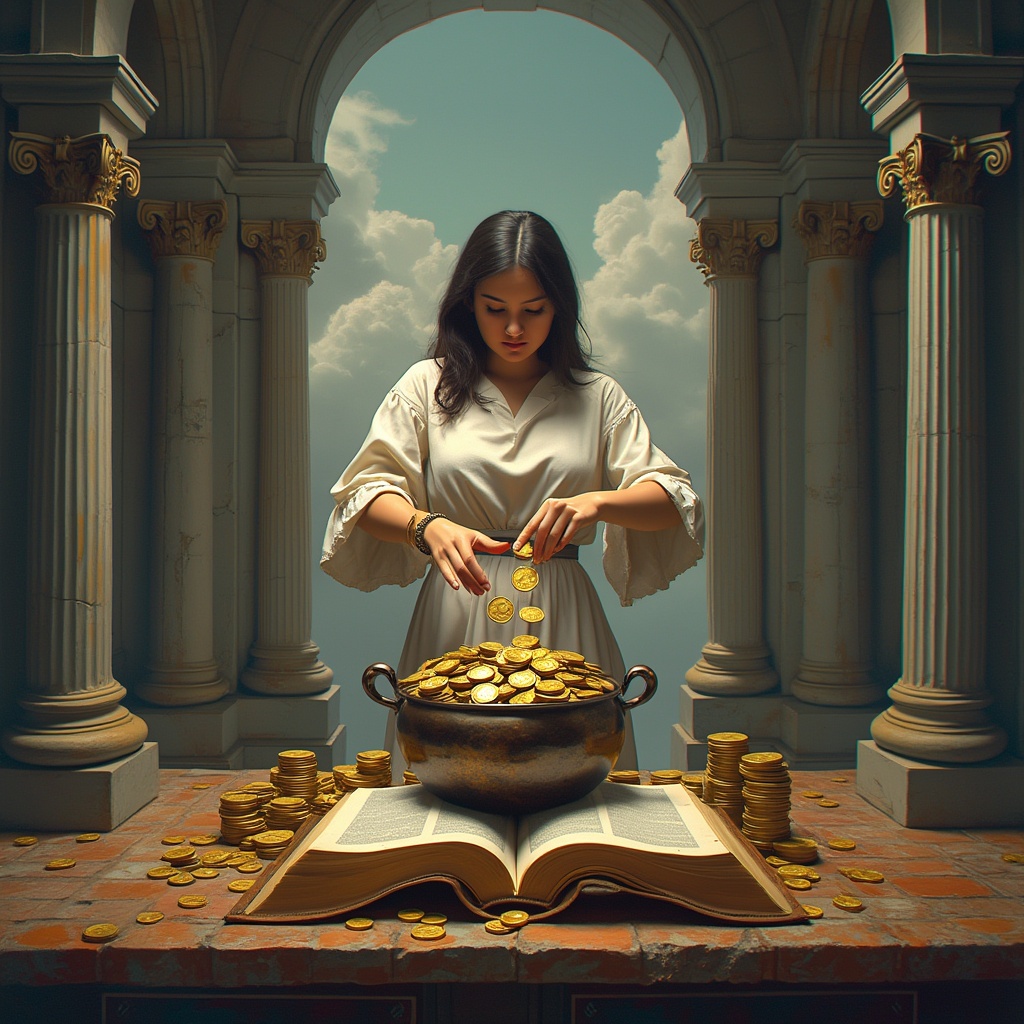 AI generated image by FLUX.1-pro: "Hyper-realista. Imagina una imagen conceptual que simbolice la enseñanza 'Reserva de libertad Financiera', en la que se integren los principios bíblicos de ahorro y sabiduría económica. La escena fusiona elementos antiguos y modernos: en el centro, una persona cuidadosamente deposita monedas en una alcancía o cofre, representando el acto consciente de ahorrar. Junto a ella, se muestra una Biblia abierta o un pergamino con versículos clave sobre la importancia del ahorro y la prudencia. El fondo presenta una arquitectura que une lo clásico y lo contemporáneo, simbolizando la unión de la tradición bíblica con estrategias financieras actuales. Utiliza una paleta de colores que combine tonos cálidos y dorados, evocadores de prosperidad y estabilidad, con matices de azules y grises que refuercen la sensación de seguridad y reflexión. La composición debe ser una fusión de realismo y simbolismo, invitando a una profunda reflexión sobre la libertad financiera basada en principios eternos."