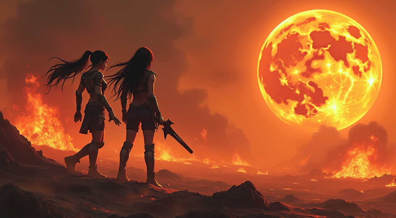 AI generated image by FLUX.1-pro: photo of two warrior girls on a destroyed planet engulfed in flames