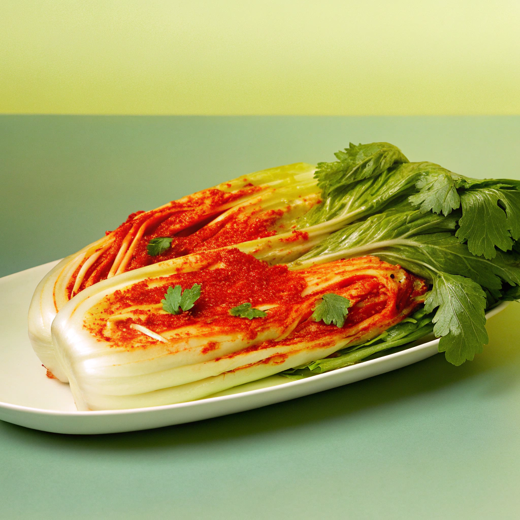 AI generated image by Red Panda AI: Create a clean and modern advertisement-style image featuring traditional Korean napa cabbage kimchi placed on a sleek white plate. The kimchi is richly coated with red seasoning, showcasing its well-marinated texture and vibrant colors. Fresh green coriander leaves are arranged elegantly on top as a focal point, adding a unique and eye-catching contrast to the kimchi. The background is minimalistic and white, emphasizing the premium and sophisticated presentation suitable for an advertisement.