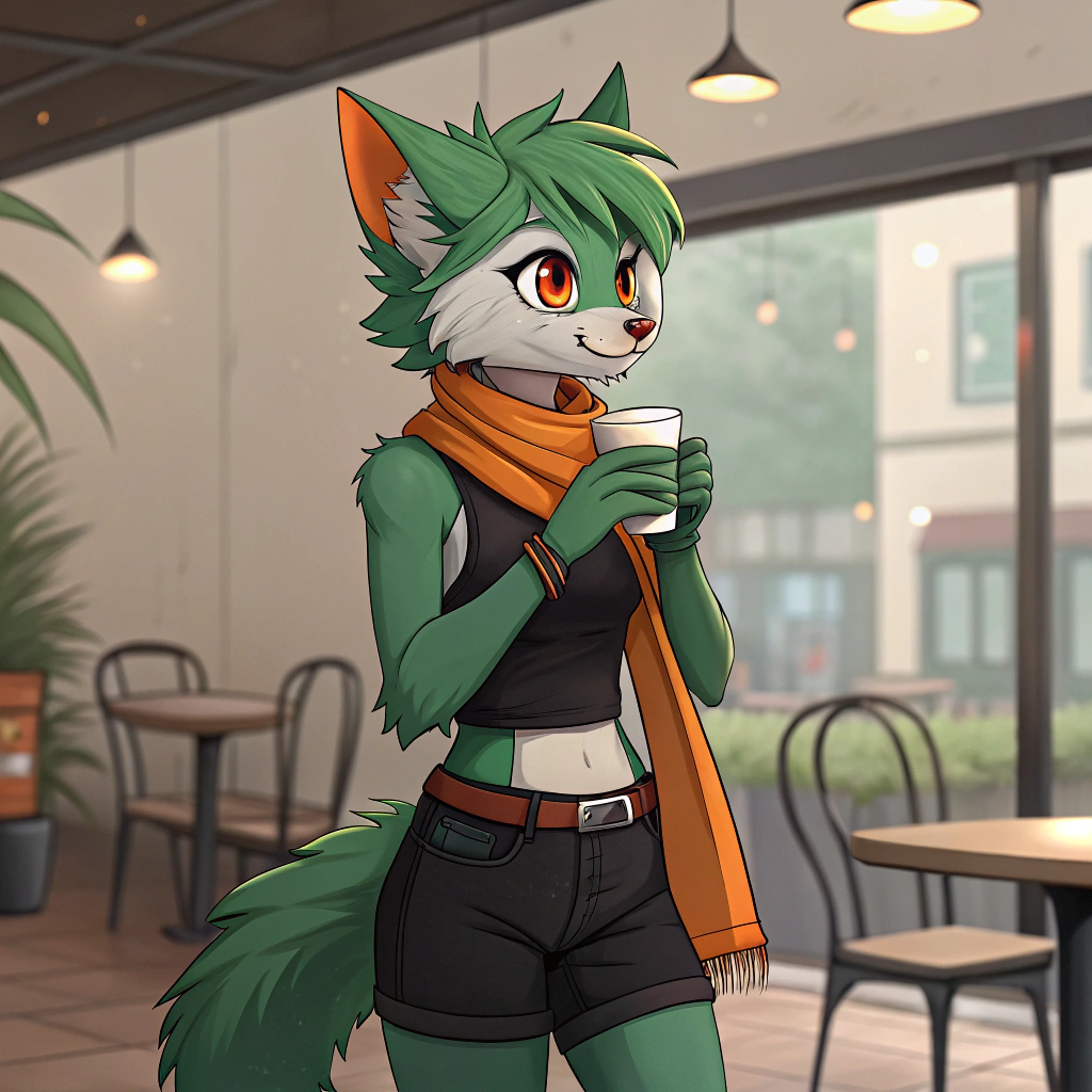AI generated image by FLUX.1-schnell: A female anthropomorphic furry cat, green fur, green hair, red eyes, orange scarf, black sleeveless crop top, black shorts, drinking coffee in a café, furry art