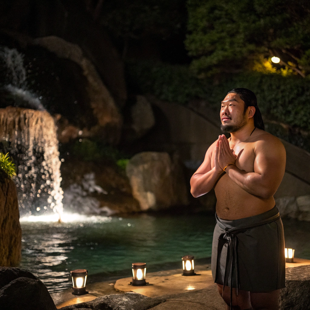 AI generated image by Red Panda AI: A highly muscular Japanese male university student from the rugby team is wearing only a fundoshi and performing a traditional Japanese waterfall meditation (takigyo). The photo is taken with a DSLR camera. He stands with his back to a rocky mountain from which water cascades down onto him, forming a pool that reaches up to his knees. It is nighttime, and the only light comes from numerous torches around the rocks and pool, flickering intensely in the wind. He is clasping his hands together, chanting sutras. He is completely soaked and enduring the cold, clenching his teeth. He has a friendly face with bangs slightly longer than his eyebrows, no beard, and no tattoos. He has armpit hair and features that are deep-set and well-defined for a Japanese person. His eyes are large with double eyelids, and the back of his hair is slightly shaved. He has faint arm hair and a very handsome face. The camera captures his entire body. 