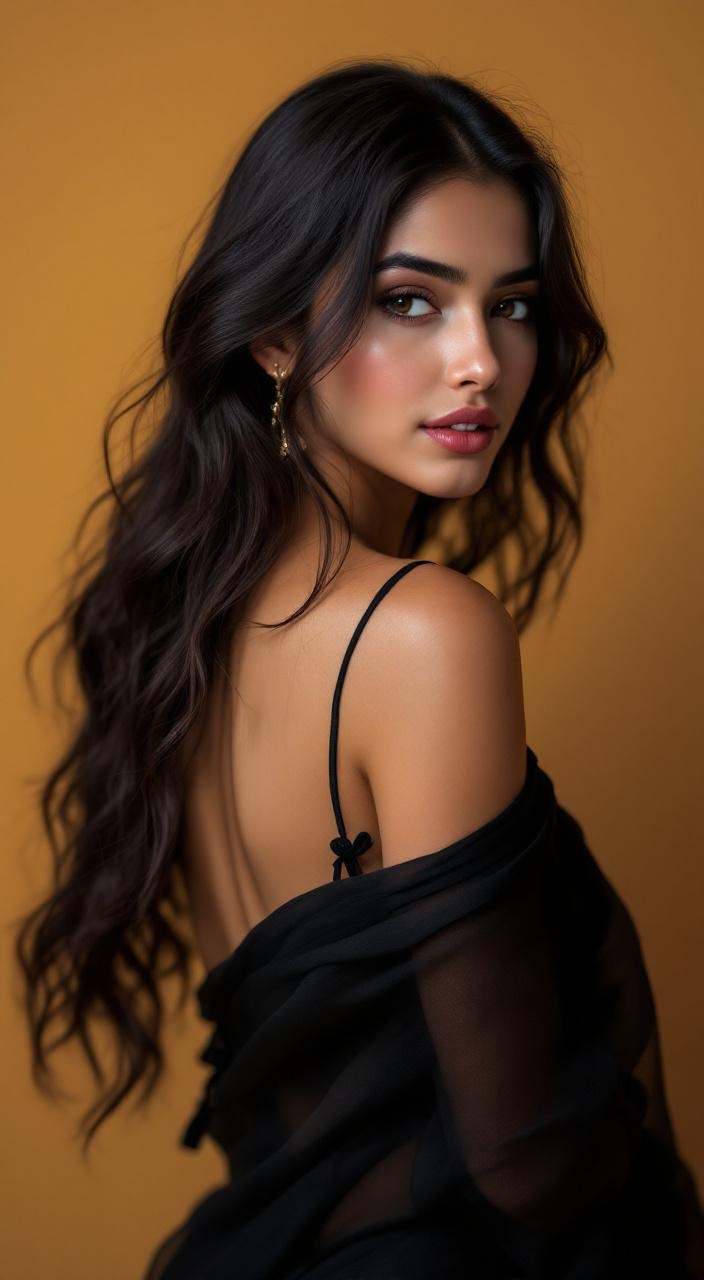 AI generated image by FLUX.1-pro: Create a 4K HD, ultra-realistic editorial portrait of a young Bangladeshi woman, using the uploaded reference image to keep her face, skin tone, facial structure, and identity 100% identical—do not alter her facial features in any way. She has long, dark, wavy hair cascading softly over her shoulders, adding natural movement and elegance to the composition.

Dress her in a translucent, elegant black saree draped over one shoulder, revealing a fitted blouse underneath. Capture her in a graceful over-the-shoulder pose, subtly showcasing the backless blouse with delicate tie knots, while her expression remains soft, serene, and confident.

Set the background as a plain, warm-toned studio wall, clean and distraction-free. Use soft, controlled lighting to create smooth highlights, gentle shadows, and realistic fabric texture. Apply cinematic color grading, shallow depth of field, and ultra-fine detail rendering to achieve a high-end, magazine-style traditional portrait that feels elegant, polished, and visually timeless—while keeping her face perfectly matched to the reference image."
