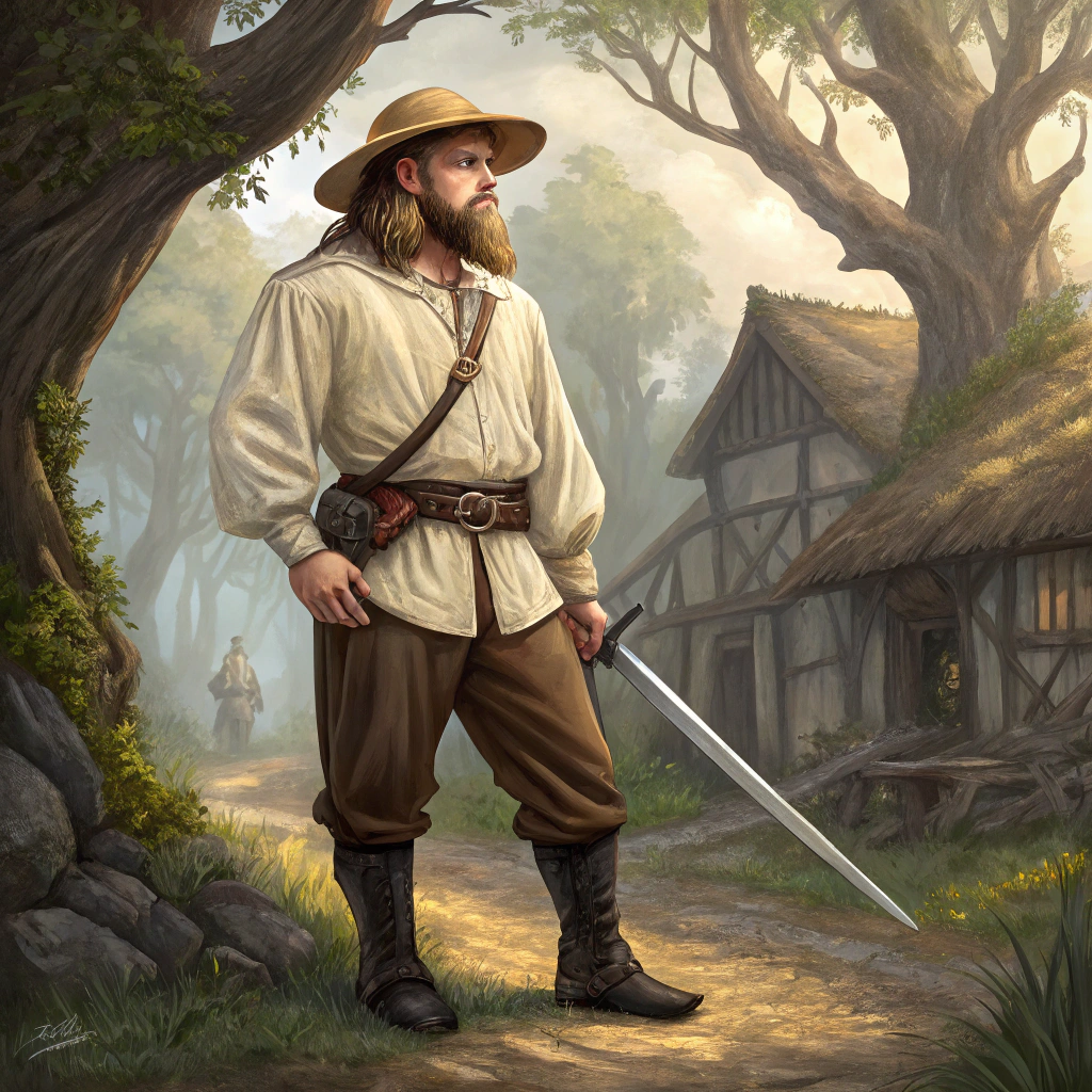 AI generated image by Red Panda AI: Crea una imagen artística de un videojuego que represente lo siguiente: Crea un hombre en un mundo de fantasía medieval. Debes vestir con ropa de civil, la blusa debe ser de color crema, usar cinturón, pantalón marrón, botas negras a media pantorrilla y una gorra marrón claro para protegerte del sol. Debe tener una larga barba y una espada bastarda en su cinturón guardada en su funda.
