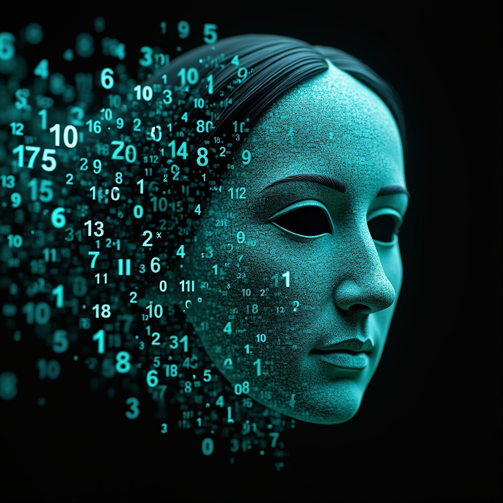 AI generated image by FLUX.1-pro: Ada Lovelace's face as a digital mask made from thousands of turquoise numbers and formulas forming his face. the formulas and numbers fly behind the mask leaving a trail of complexity. the mask is floating dynamically in mid air. his head is turned to the right but his eyes are looking directly into the camera. the mask is on a black background.  like a png with black only background. photo realistic, sci-fi, human features hair