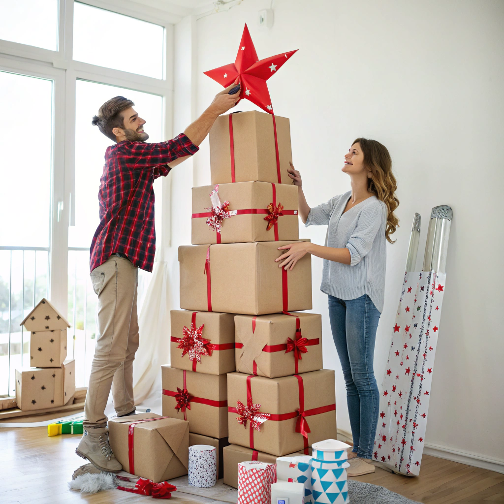 AI generated image by Red Panda AI: The image shows a young couple standing in a room with a large stack of gift boxes. The boxes are wrapped in brown paper and decorated with red ribbons and stars. The man is holding a red star-shaped decoration on top of one of the boxes, while the woman is standing next to him, looking at it with a smile on her face. They appear to be in the process of decorating the boxes. There are paintbrushes, paint cans, and other art supplies scattered around the room, suggesting that they are in the middle of a creative process. The room has white walls and a large window in the background