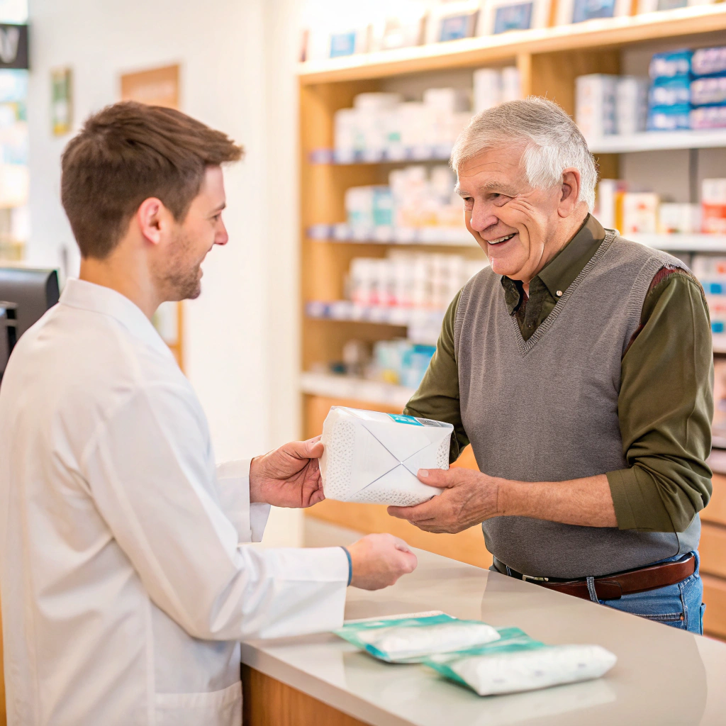 AI generated image by Red Panda AI: Hombre de 65 años de edad recibe en sus manos unos pañales para incontinencia orinaria de parte de una empleada de 25 años de edad en una farmacia