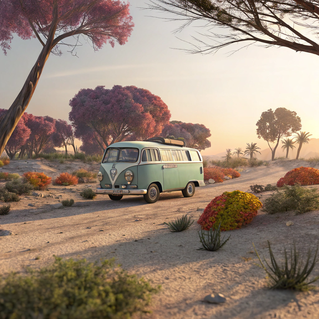 AI generated image by Red Panda AI: {{A moving image of a hippi van, parked in the middle of the Sahara desert on a spring morning in the 60s}}. The style of the artwork will be inspired by {Janis Joplin} and {Peter Max}, combining techniques from {styleGAN2} and {proGAN} to achieve charming realism. The image will be presented from different perspectives, including a view from inside the van and a shot from above. The background will be full of magical elements, such as colorful trees and fantastic beings. The lighting will be soft and warm, highlighting the connection with nature and the free spirit of the time. The resolution used will be {12K}, which will allow an intimate approach to the scene.