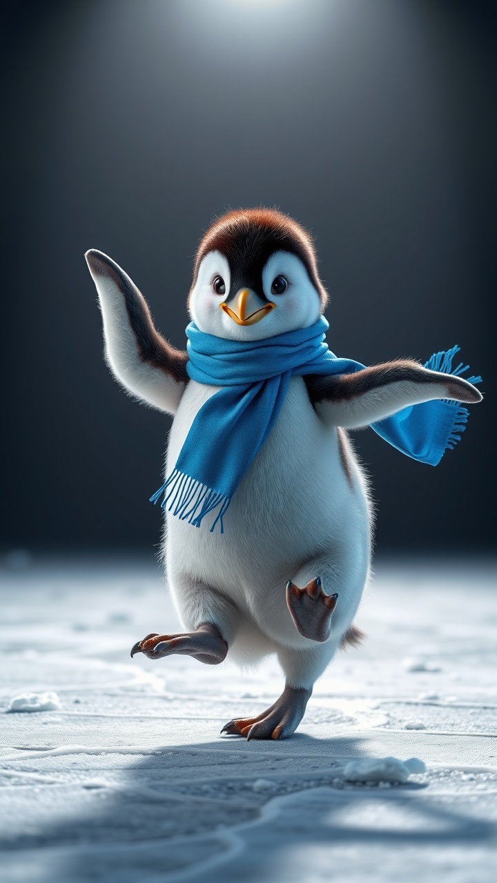 AI generated image by FLUX.1-schnell: A dancing baby penguin, one flipper up, one leg raised, spinning on icy ground, blue scarf flowing, spotlight effect, studio background, high detail, 4k 3D