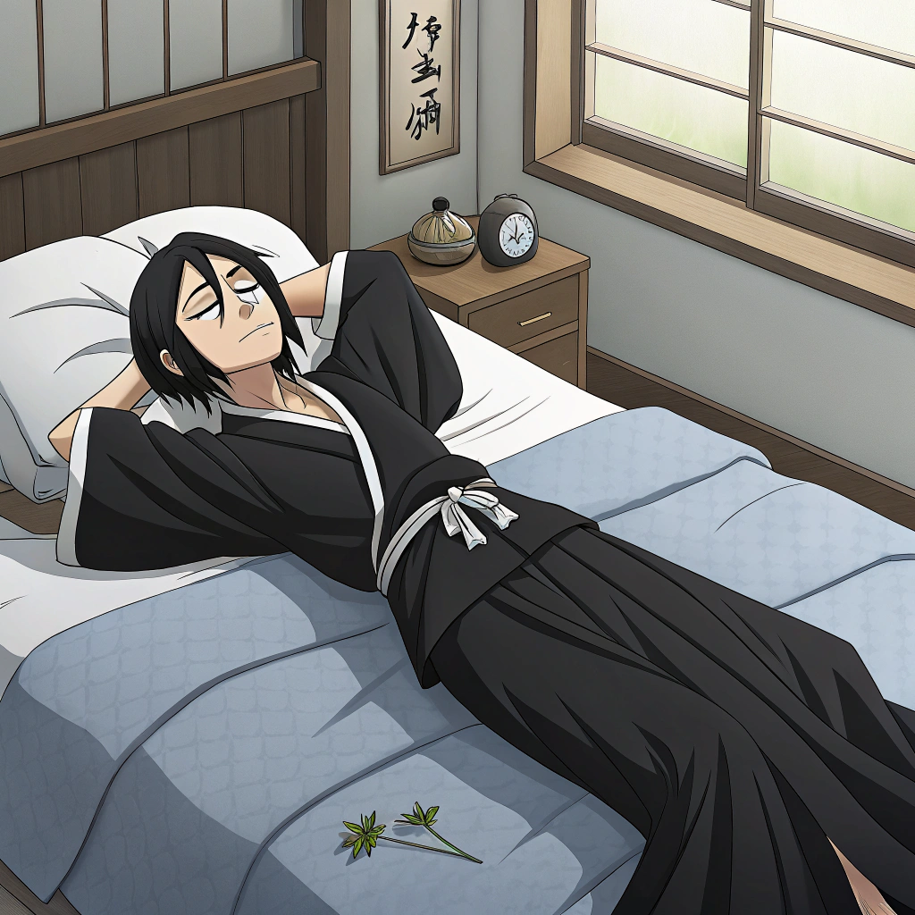 AI generated image by Red Panda AI: Kuchiki rukia lying on bed
