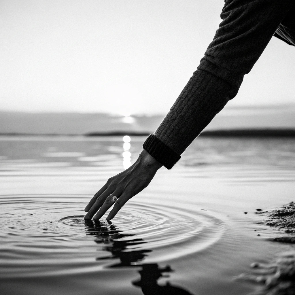 AI generated image by Red Panda AI: Black-and-white full-body shot of a hand gently touching the surface of still water, minimalist background, warm light reflecting off the water, calm and human-centered mood, shot on a Leica Q2 with a telephoto lens