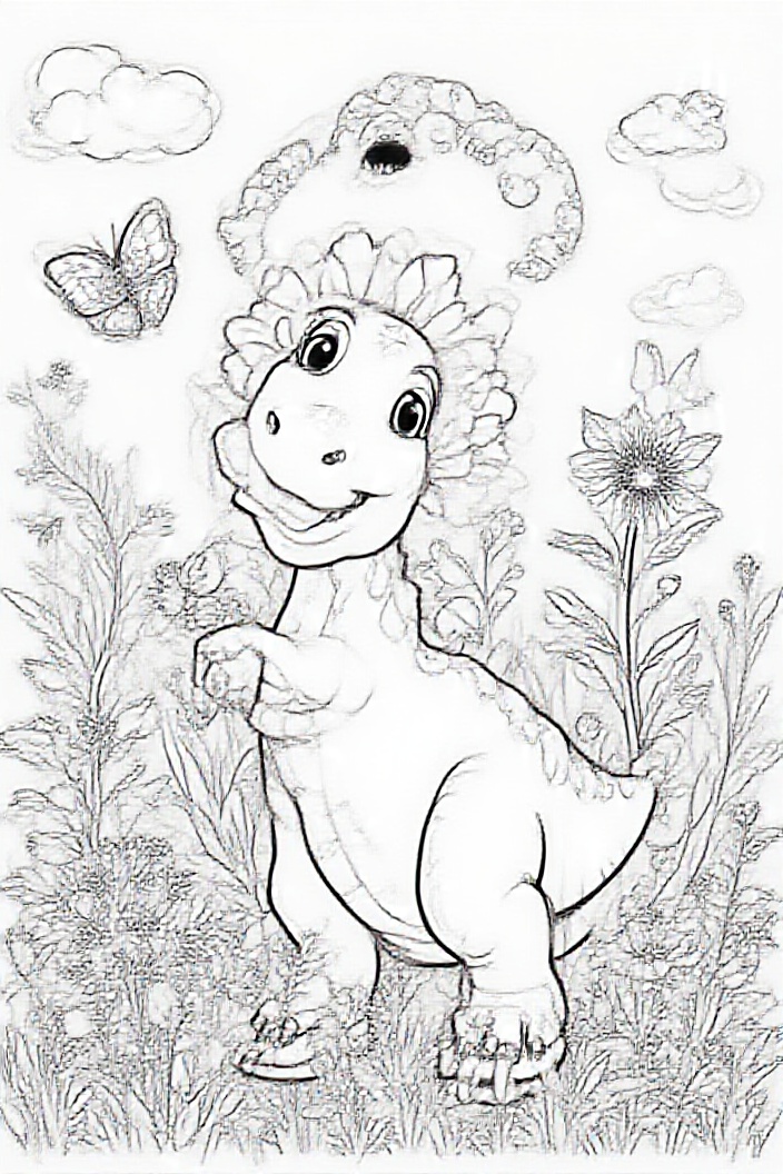 AI generated image by FLUX.1-pro: a friendly dinosaur for coloring page, with funny elements, for kids 4-6 years old, white background, nature, butterfly and flowers in a peaceful scene.