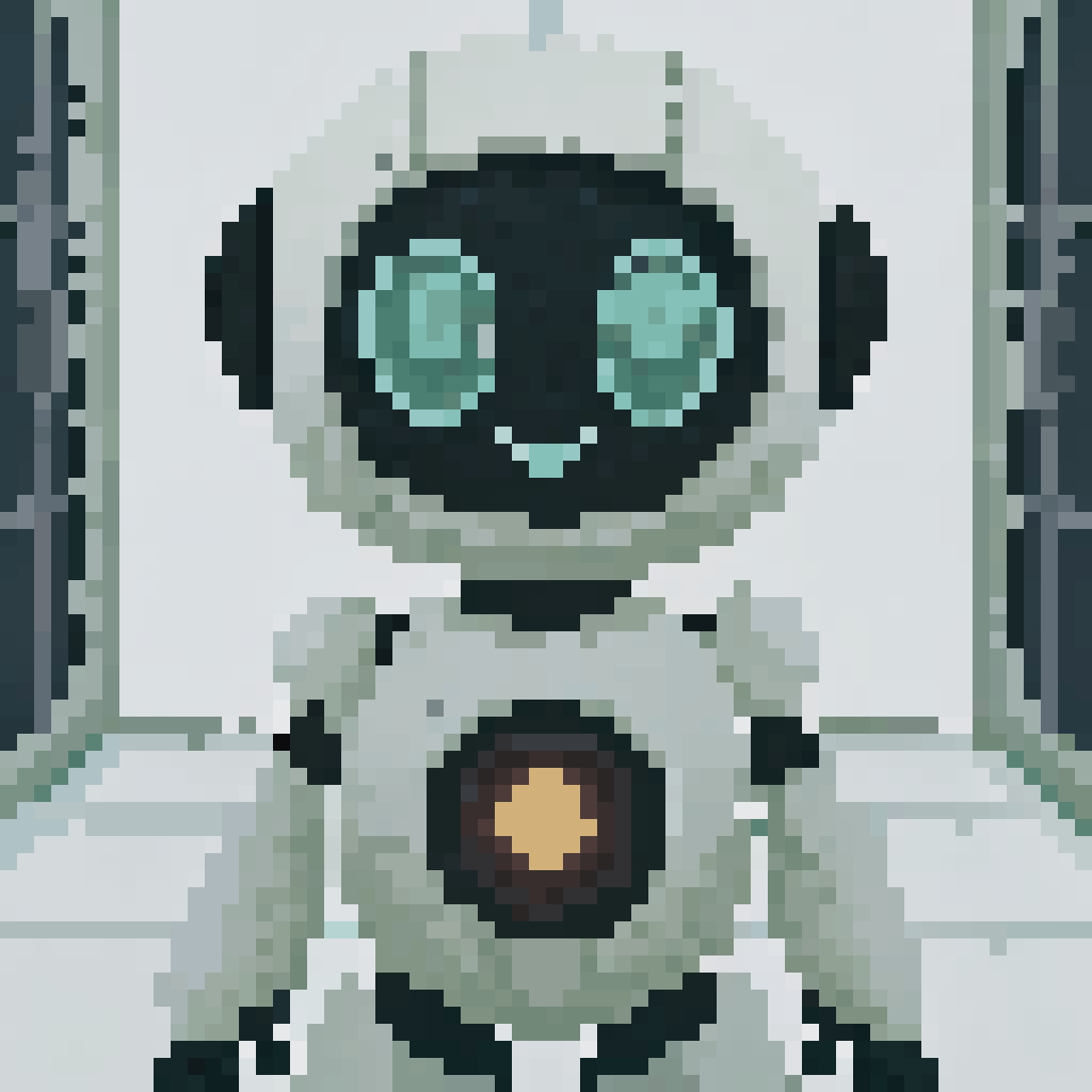 AI generated image by Red Panda AI: A kind, approachable, and minimalist robot character named Lexi. She has large, round, expressive eyes and a friendly smile. Her design features soft, white rounded shapes with subtle turquoise and light blue glowing accents. A central, pulsating, orange glowing orb is visible in her chest, serving as her core. The character is standing in a brightly lit, clean, white lab environment. Style is a 3D Pixar character render, clean and highly detailed.