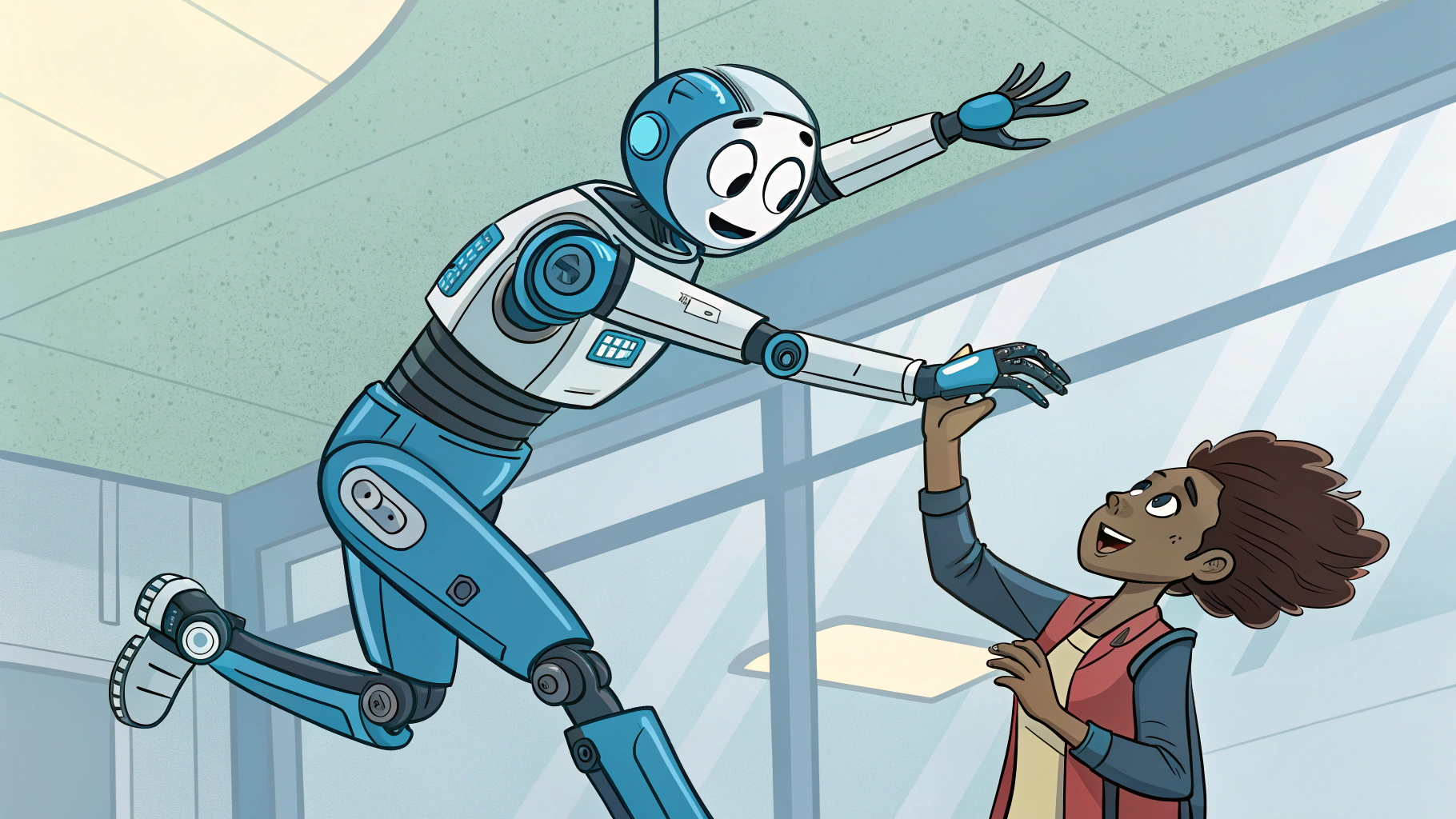 AI generated image by Red Panda AI: A robot named "PatternCast" stops someone from falling