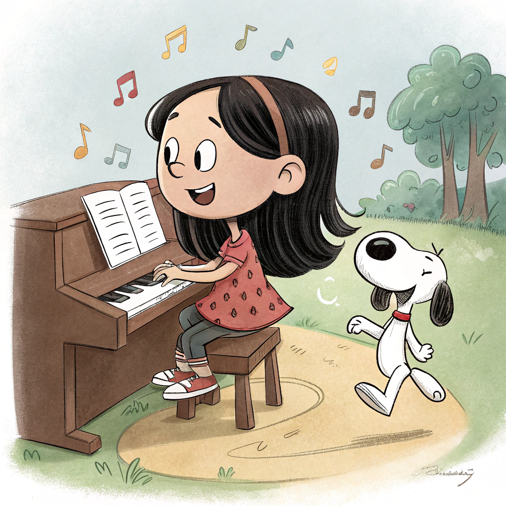 AI generated image by Red Panda AI: Crea una niña feliz de 12 años cabello largo y negro ojos grandes y negros llamada Hailie tiene de mascota a snoopy el perrito ambos son caracteres de esa serie animada y ella está tocando su piano mientras snoopy baila