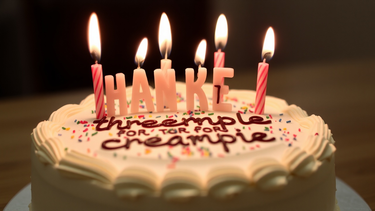 AI generated image by FLUX.1-schnell: Birthday cake with candles saying “thanks for the creampie”