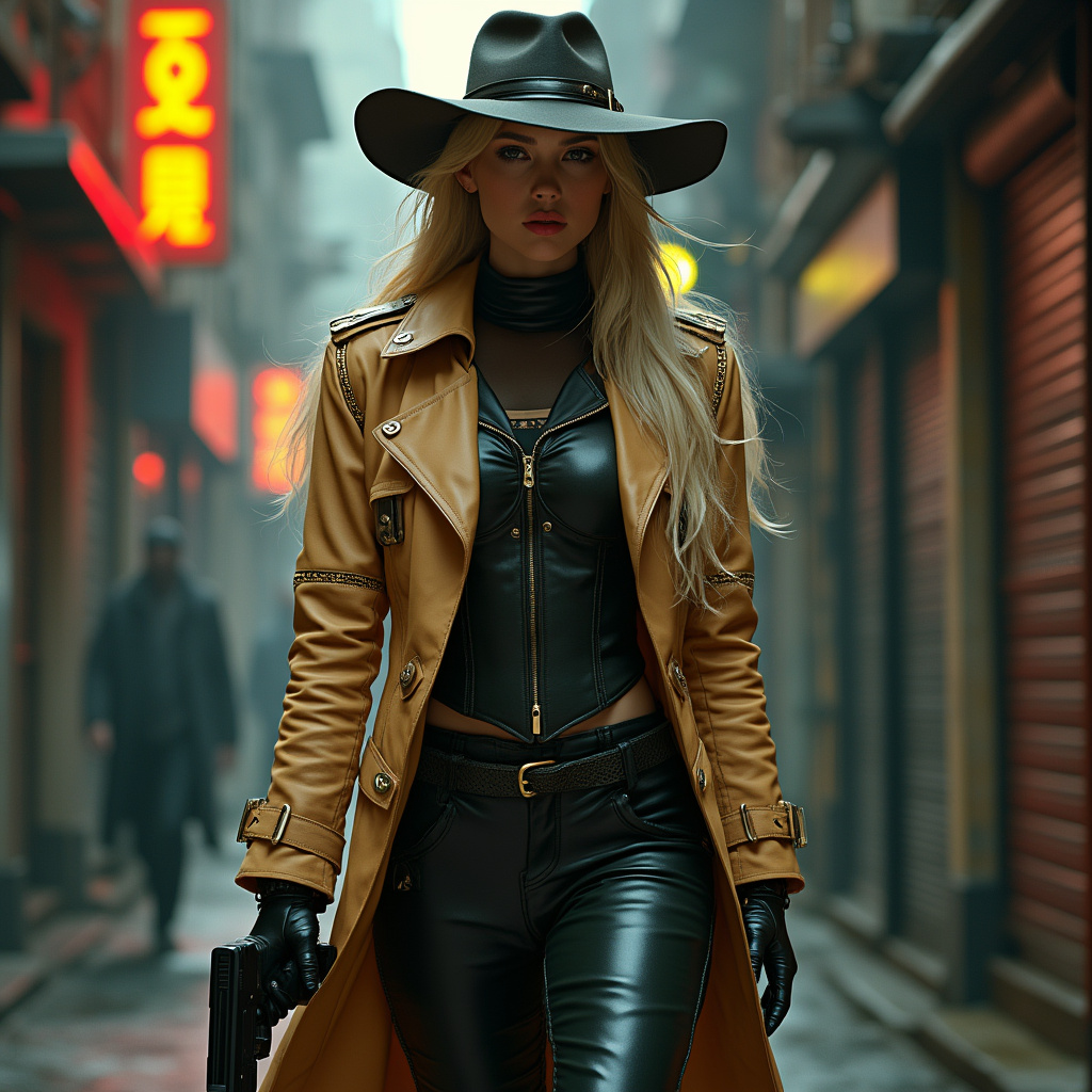 AI generated image by FLUX.1-pro:       Create a futuristic female detective in the classic noir film style, with long blonde hair, leather pants and boots, armored shirt, tan, fedora and trenchcoat, gold circuitry, along the lapels, and the seams of the coat, futuristic, cyberpunk, realistic, photorealistic, holding a weapon and stalking a criminal in a dark alley in a cyberpunk city