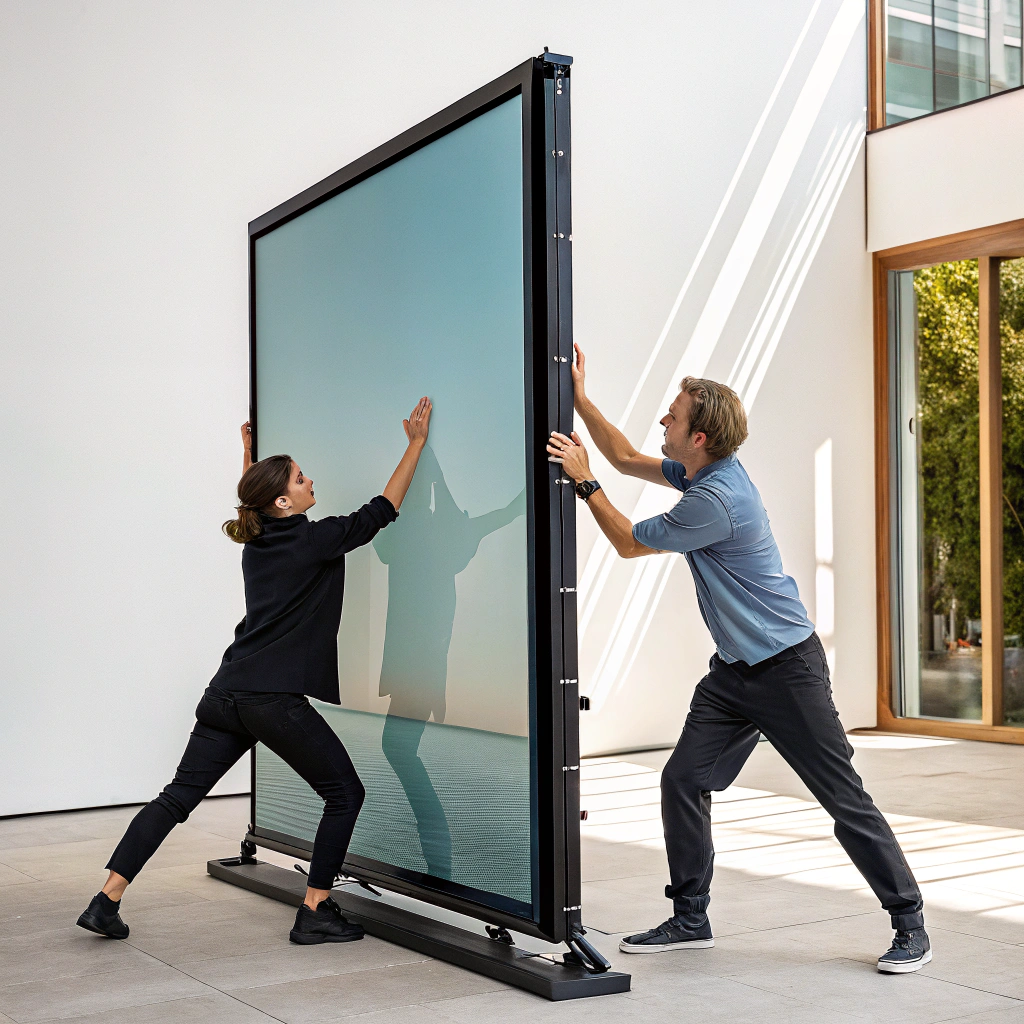 AI generated image by Red Panda AI: Una escena vertical donde dos personas están moviendo una pantalla gigante de 120 pulgadas. Cada persona sostiene con una mano la base de la pantalla y con la otra mano agarra el lateral de la pantalla, mostrando un esfuerzo coordinado. La pantalla es grande y delgada, con un marco negro y un aspecto moderno. Las personas están de pie, una a cada lado de la pantalla, en una postura estable pero dinámica. El fondo es minimalista, con tonos claros para resaltar la acción. La iluminación es suave y natural, enfocándose en la pantalla y las personas. Las expresiones de las personas son serias pero relajadas, concentradas en la tarea. Estilo realista, con detalles nítidos y colores vibrantes.