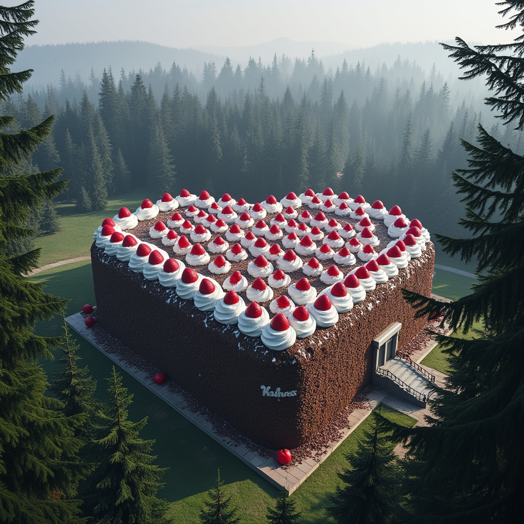 AI generated image by FLUX.1-pro: The world's largest black forest cake, the size of a building, surrounded by trees of the black forest