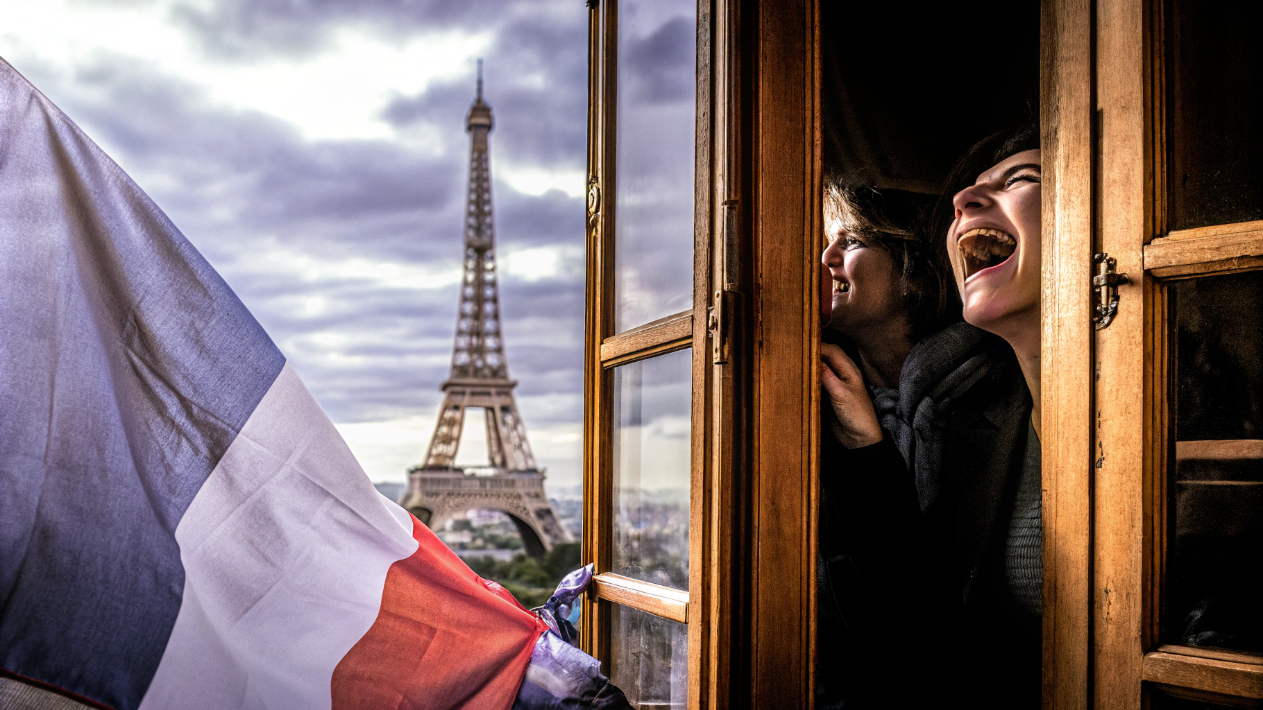 AI generated image by Red Panda AI: Des personnes avec un drapeau français, devant la Tour Eiffel qui sortent d'un restaurant et qui sont très heureux dont une personne semble rire aux éclats. 