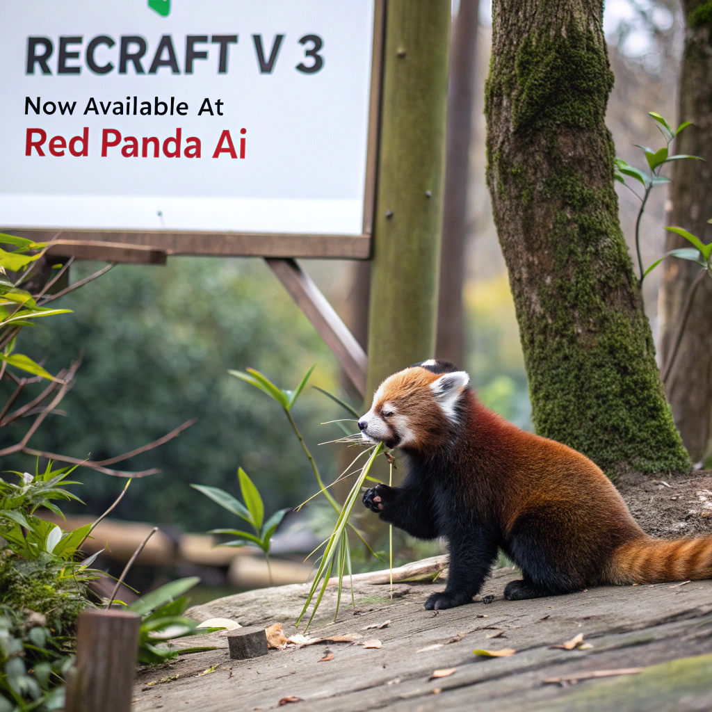AI generated image by Red Panda AI: a red panda eating a bamboo in front of a poster that says "recraft V3 now available at red panda ai
