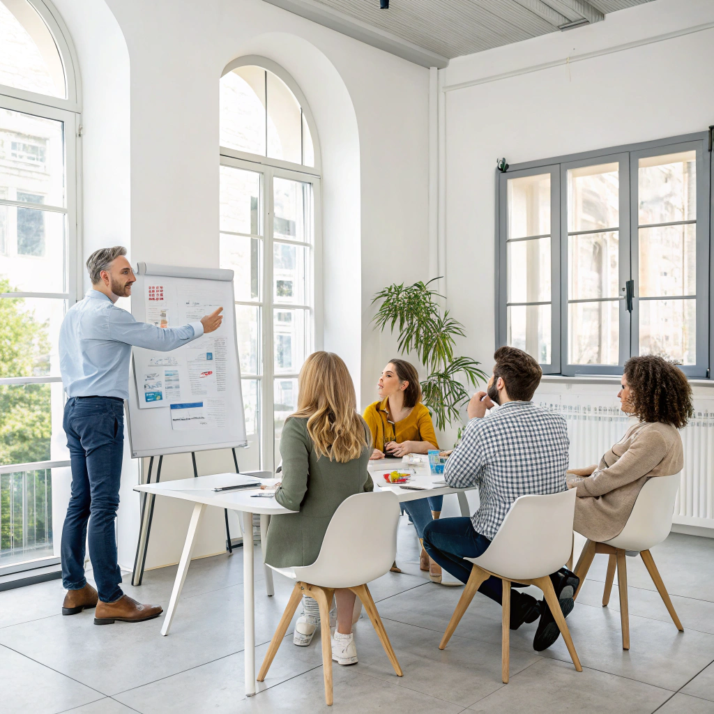AI generated image by Red Panda AI: Uma equipe profissional participando de um treinamento em uma sala de escritório moderna. O instrutor está ao lado de um quadro branco, apontando para gráficos e explicando enquanto o grupo de membros da equipe, de diferentes idades e etnias, está sentado em volta de uma mesa, prestando atenção na apresentação. A sala possui janelas grandes que deixam a luz natural entrar, com um design minimalista e elegante. A atmosfera é de colaboração e foco