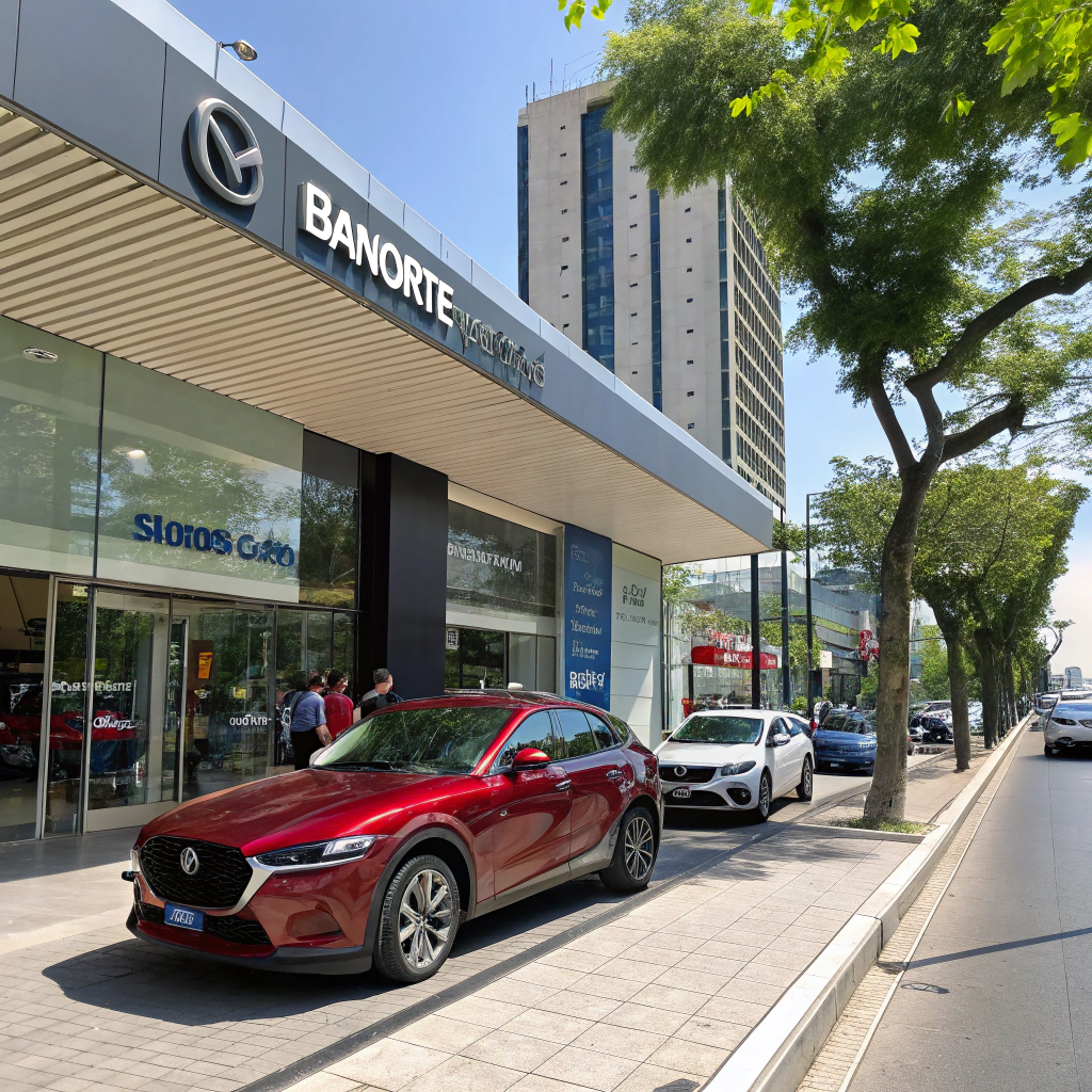 AI generated image by Red Panda AI: generar una imagen de una fachada de banco banorte  donde este un stand de autos mazda promocionando sus autos 2025 sobre una avenida principal soleado y con una vista fenomenal