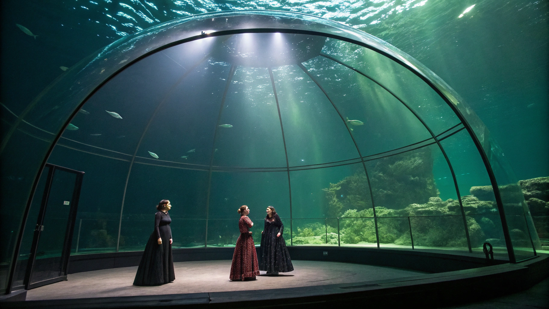 AI generated image by Red Panda AI: A floating glass dome with an underwater stage set where three women in gothic costumes are performing a play. The black background fades from dark green to light green. The camera angle shows only half of the perfect semicircle of the ceiling.