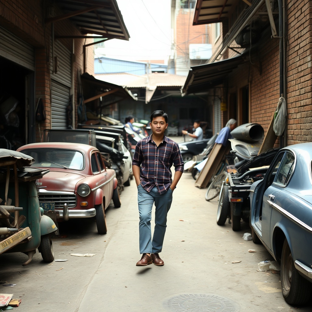 AI generated image by FLUX.1-schnell: Handsome Thai man of Korean descent walking in the alley Among the places selling old parts And there are old car wrecks. wall park Decayed brick construction In the Thai-Chinese community area