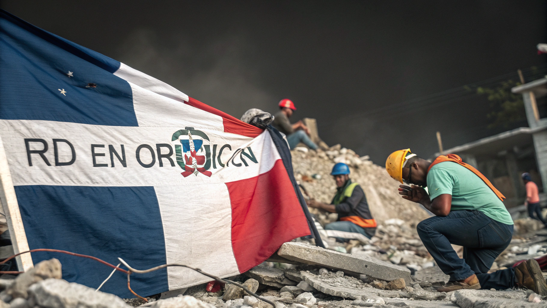 AI generated image by Red Panda AI: conmovedor escenario posterior a un desastre en República Dominicana. Una bandera dominicana parcialmente cubierta de escombros lleva la frase "RD en oración", indicando una situación de crisis donde la población busca consuelo y esperanza a través de la oración. Varios individuos, entre ellos un trabajador de la construcción con casco, están arrodillados en medio de los escombros, con las manos juntas en señal de oración. El fondo, oscuro y sombrío, enfatiza la gravedad de la situación. La imagen transmite una sensación de desesperación, pero también de fe y unidad ante la adversidad. La ubicación de la bandera, visible aunque dañada, simboliza la resistencia y perseverancia del espíritu dominicano frente a la catástrofe. Es una representación visualmente poderosa de la vulnerabilidad humana y la búsqueda de consuelo espiritual en momentos de crisis.