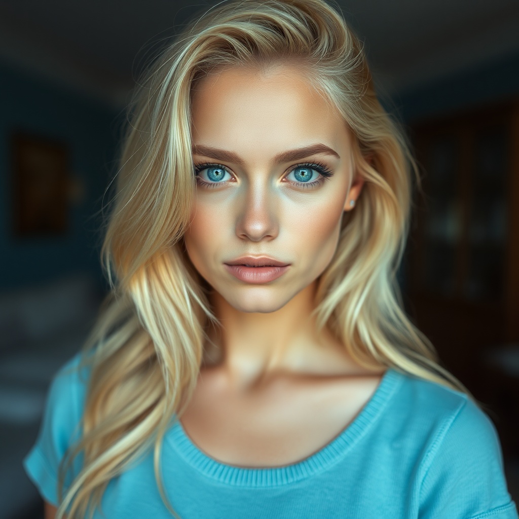 AI generated image by FLUX.1-schnell: Beautiful blonde hair blue eyes perfect reality3
She looks at the camera with his tits