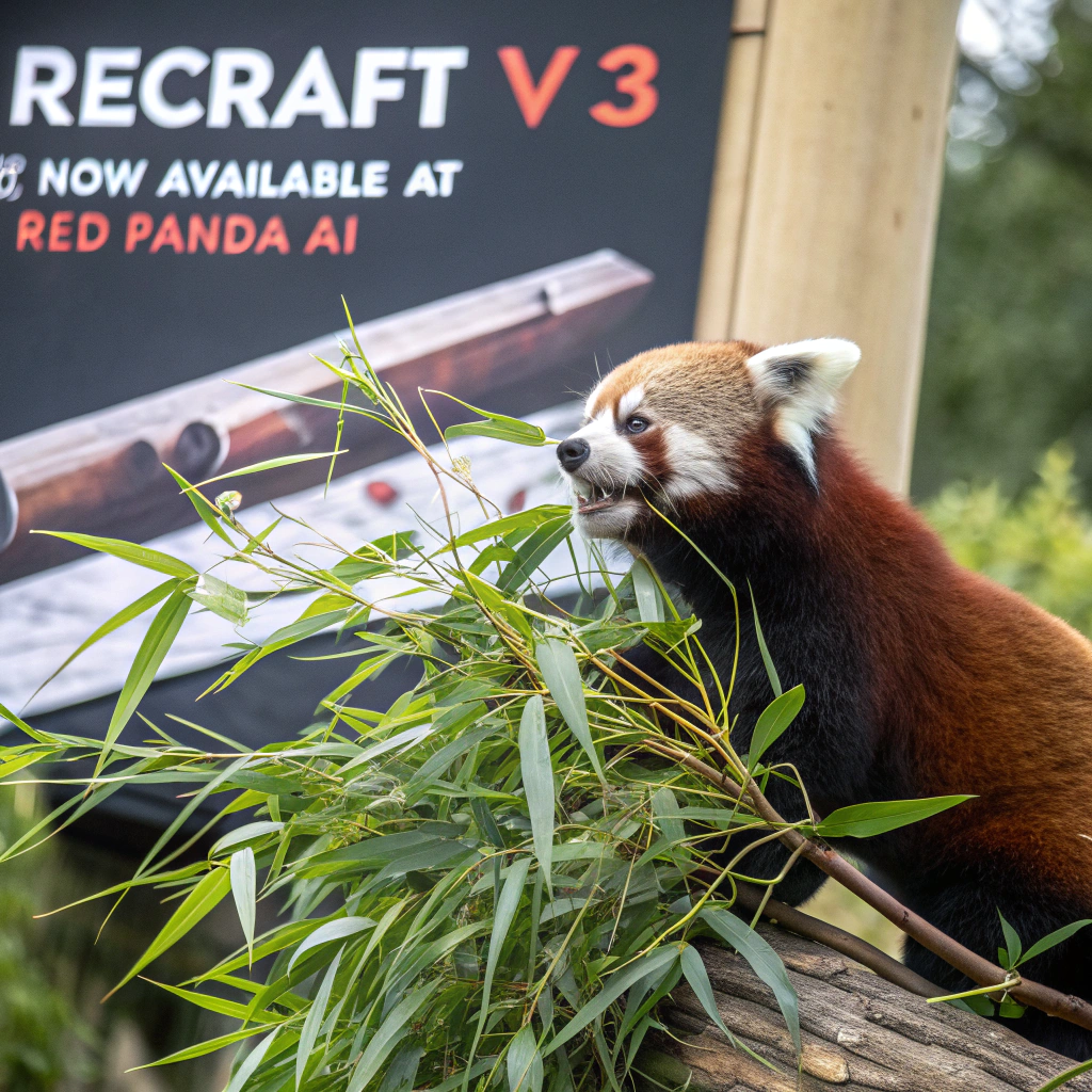 AI generated image by FLUX.1-schnell: a red panda eating a bamboo in front of a poster that says "recraft V3 now available at red panda ai