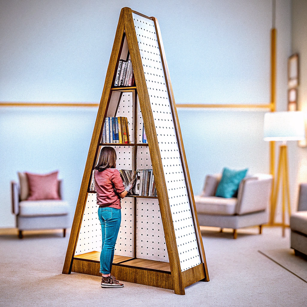 AI generated image by Red Panda AI: A modern library book display stand with a triangular, A-frame design. The stand is made of wood and features pegboard-style panels on each side to hold books vertically. A person is standing in front of the stand, browsing the books. The books have visible covers for easy browsing. Shelves at the base provide additional storage. The background shows soft lighting and stylish furniture, creating a cozy and modern library atmosphere. The overall style should be simple, with clean lines and a cartoon-like aesthetic.